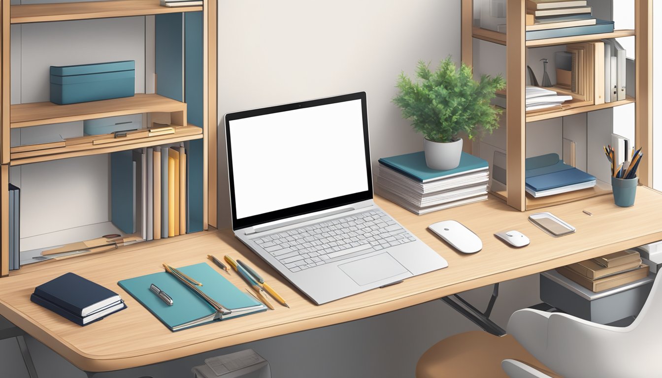 A sleek, modern study table with multiple shelves and compartments for storage. The surface is clutter-free, with a laptop and stationery neatly arranged