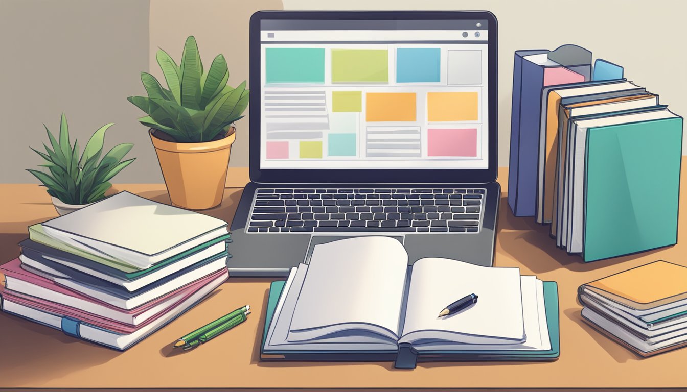 A study table with neatly arranged books, a laptop, and a stack of papers, with a "Frequently Asked Questions" sign displayed prominently