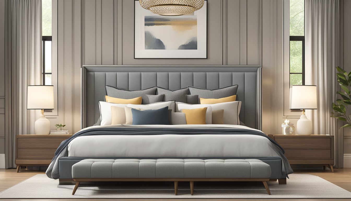 A king-size bed with dimensions labeled in a room with neutral decor and soft lighting