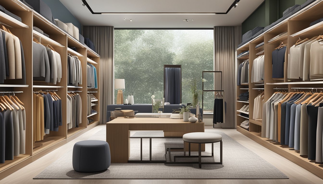 A variety of wardrobe designs and materials are displayed in a well-lit showroom in Singapore. Shelves are filled with neatly organized fabric swatches, wood samples, and metal hardware options