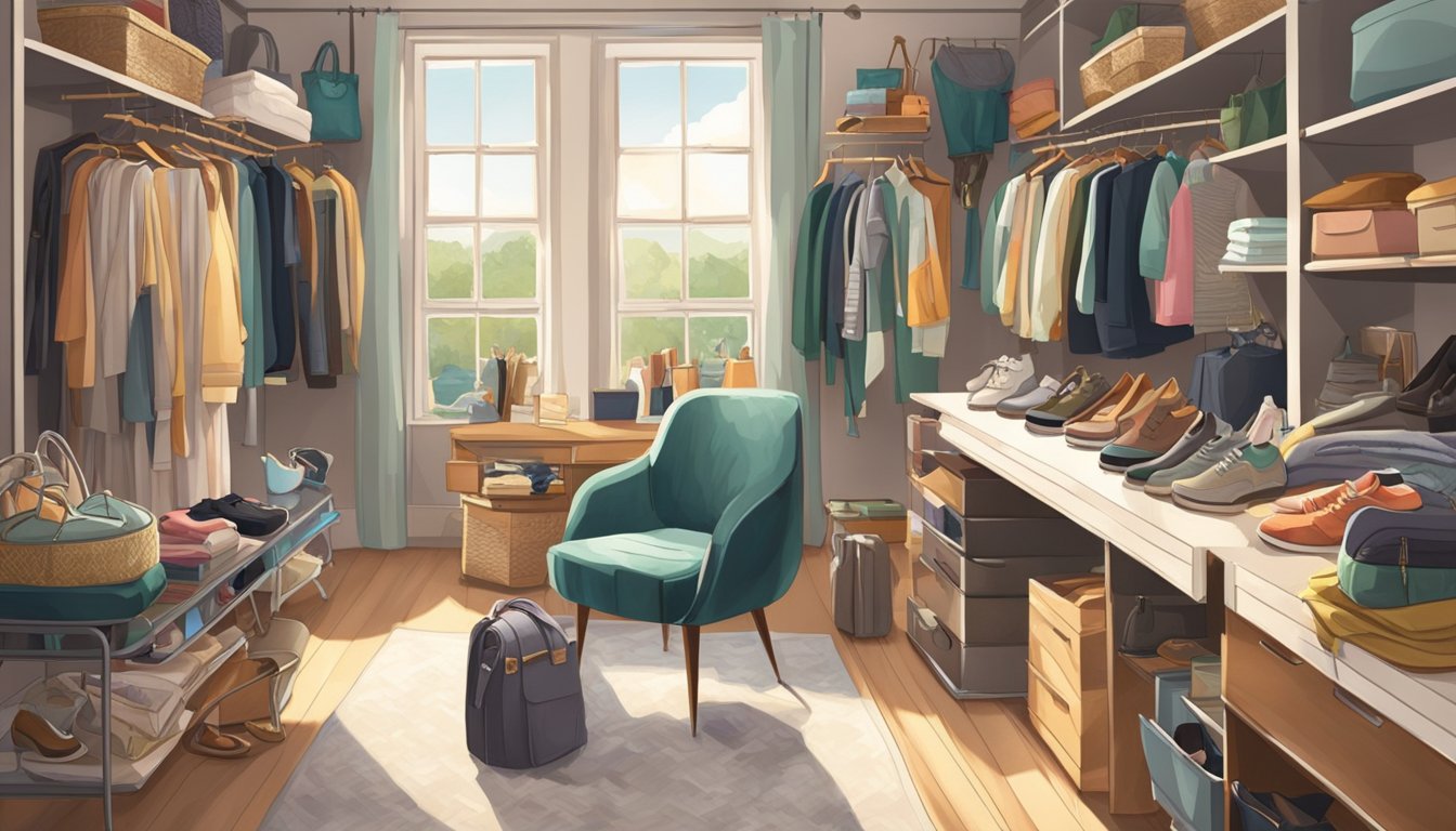 A cluttered room with shelves and racks filled with various clothing items, shoes, and accessories. A mirror and dressing table are also present, with natural light streaming in from a window