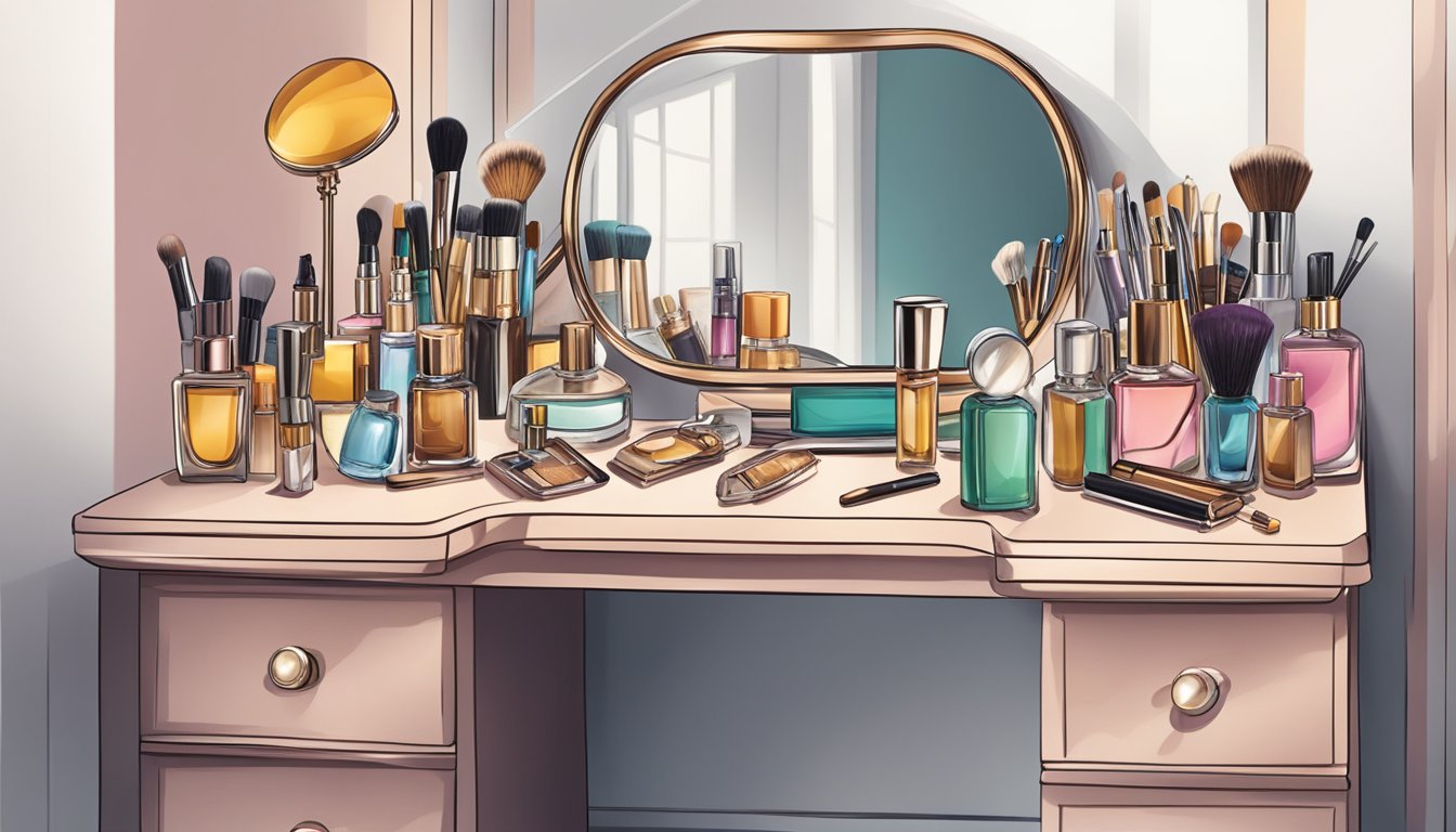 A cluttered dressing table with a mirror, makeup brushes, perfume bottles, and jewelry strewn across the surface