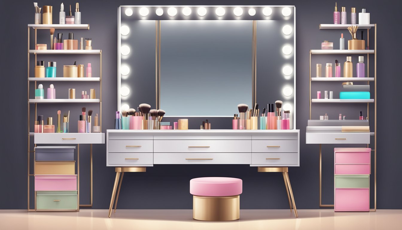 A sleek, modern dressing table with a large mirror, a row of bright lights, and multiple drawers for organizing makeup and accessories