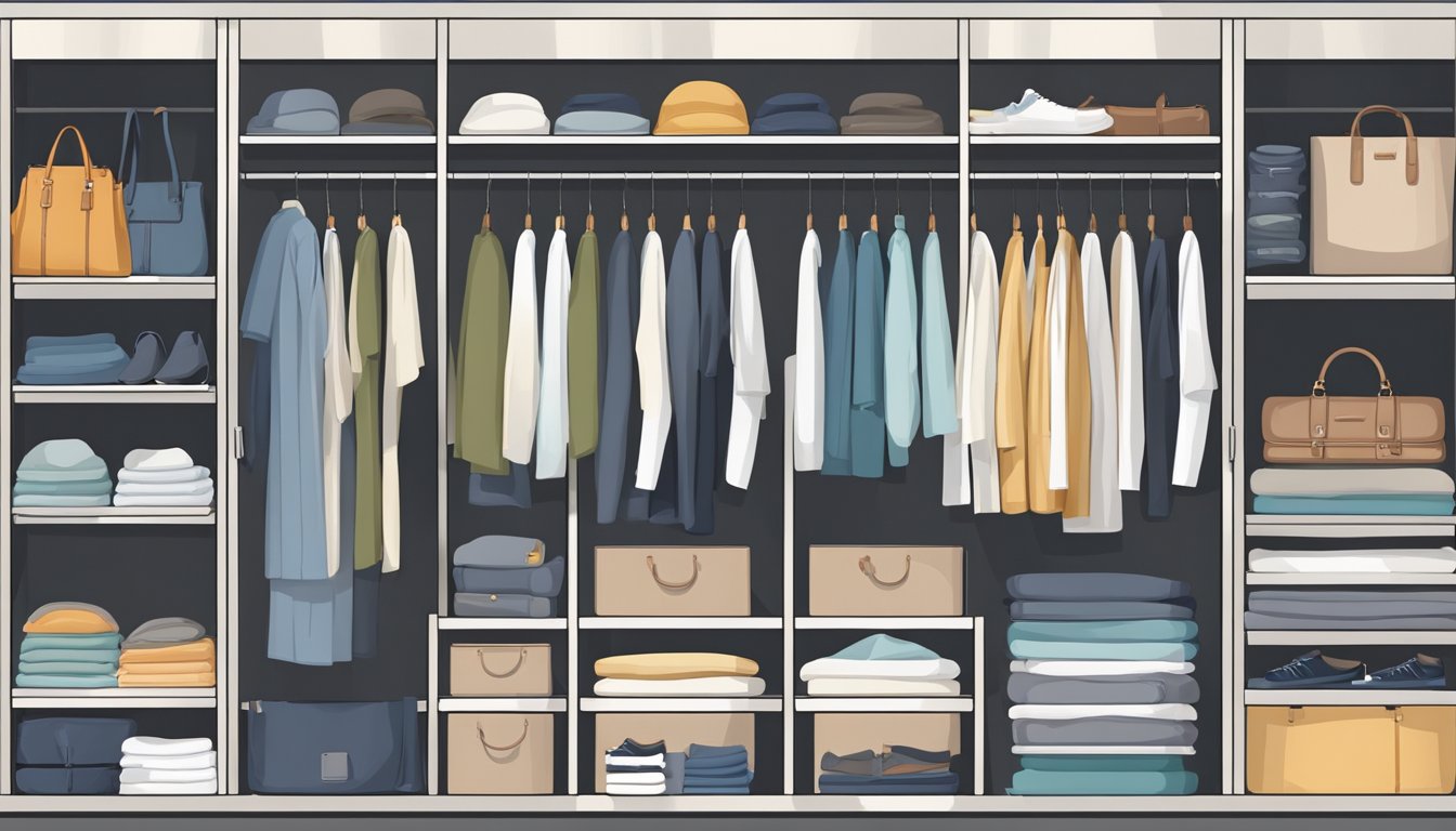 A neat and organized wardrobe with various sections for different types of clothing and accessories