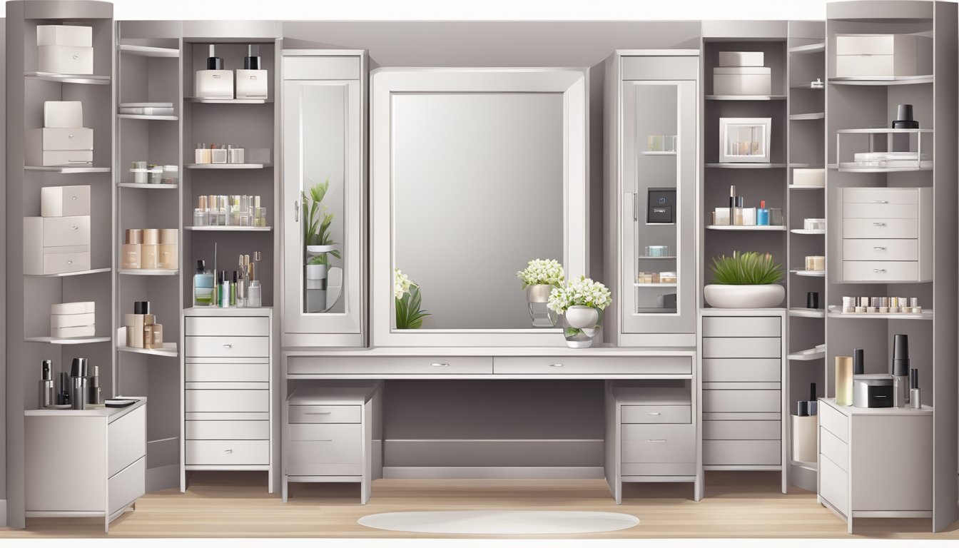 A modern dressing table with multiple drawers and compartments for organizing accessories and beauty products