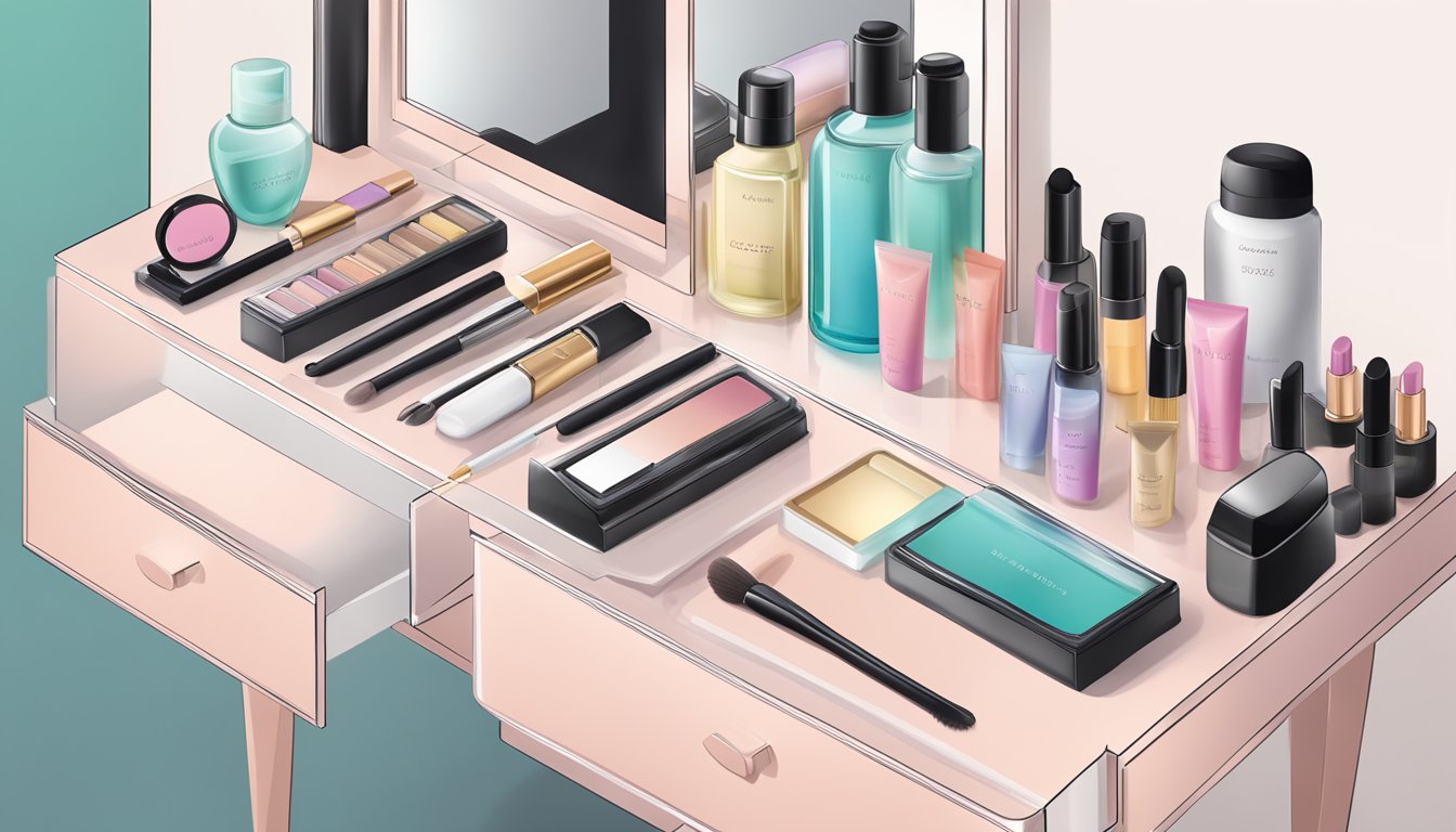 A neatly organized dressing table with a mirror, various beauty products, and a stack of FAQ cards
