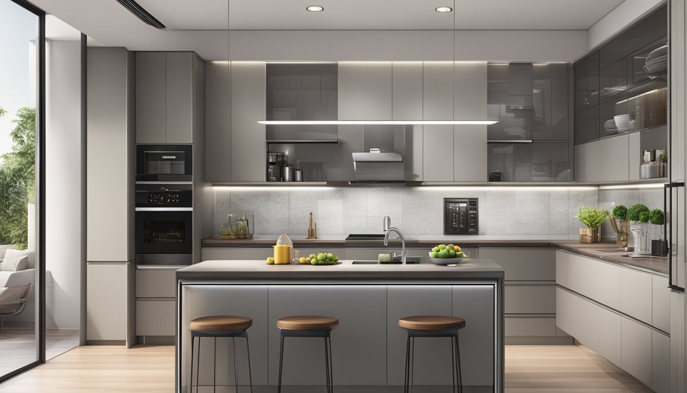 A modern kitchen in Singapore features a sleek, stainless steel refrigerator with ample storage space and energy-efficient features. The refrigerator is positioned centrally, complementing the overall aesthetic of the kitchen