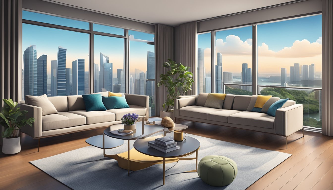 A modern living room with sleek furniture, a cozy sofa, and a stylish coffee table, all set against a backdrop of the Singapore skyline