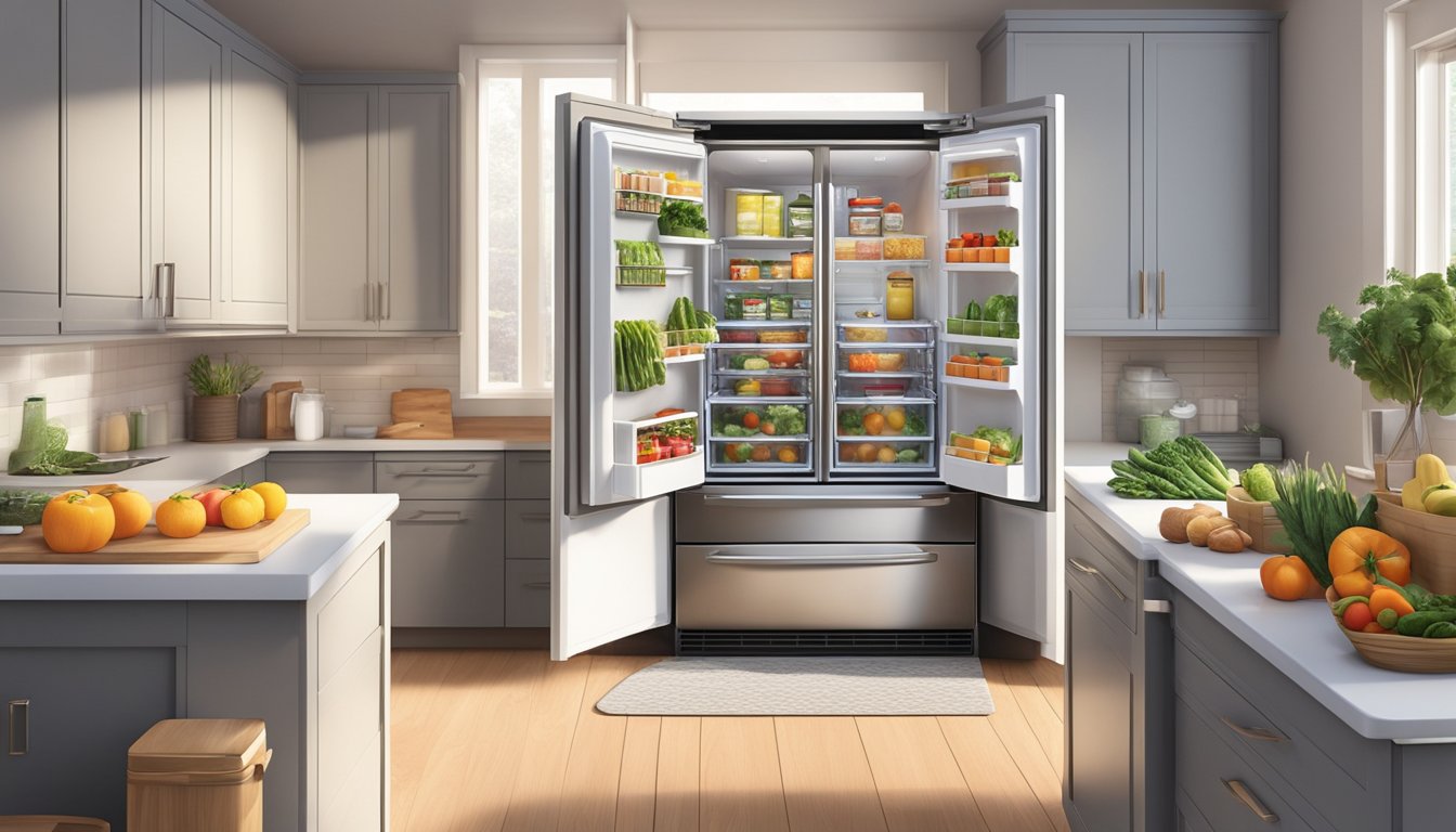 A modern, stainless steel fridge in a sleek kitchen, filled with fresh produce and neatly organized groceries. The fridge is illuminated with soft, warm lighting, casting a cozy glow over the surrounding area