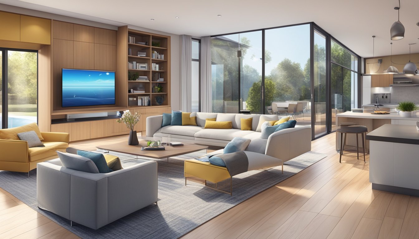 A modern, sleek home with smart technology integrated into every room. The living space is bright and airy, with energy-efficient appliances and automated systems