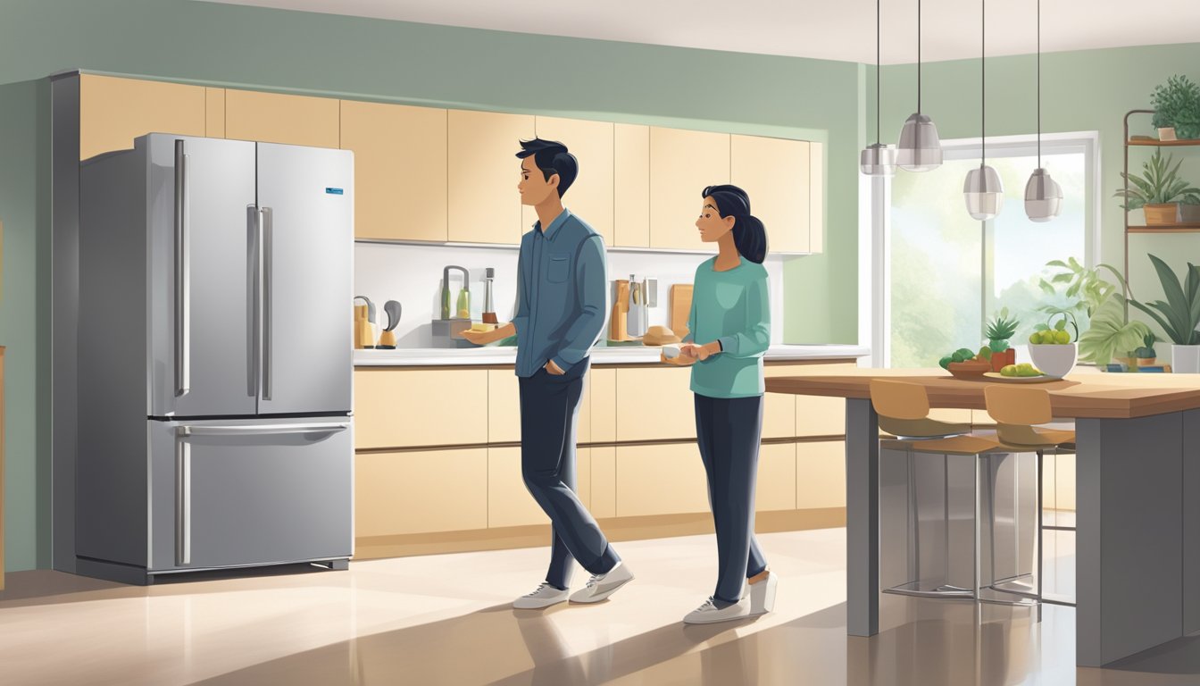 A person stands in a modern kitchen, choosing a sleek, stainless steel fridge. The fridge is spacious, energy-efficient, and perfectly suited for a Singaporean home