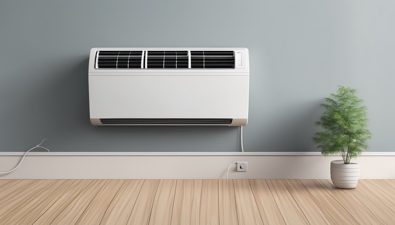 An air conditioner mounted on a wall with vents open, cooling the room. Power cord plugged into an outlet, thermostat set to a comfortable temperature