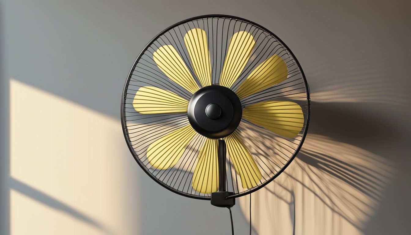 A wall fan spins, casting shadows on the wall. The blades create a gentle breeze, and the cord hangs down, plugged into an outlet