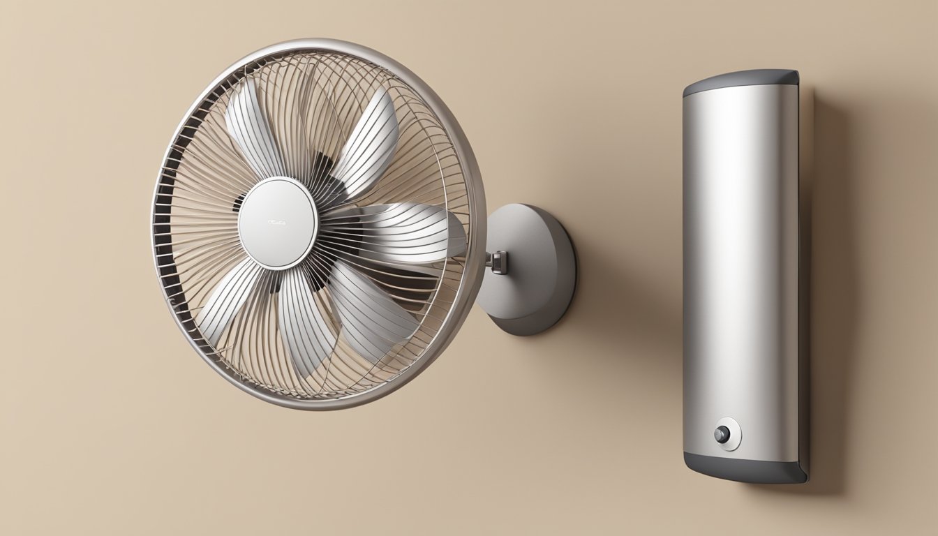 A wall fan mounted on a beige wall, with a sleek and modern design, oscillating and emitting a gentle breeze