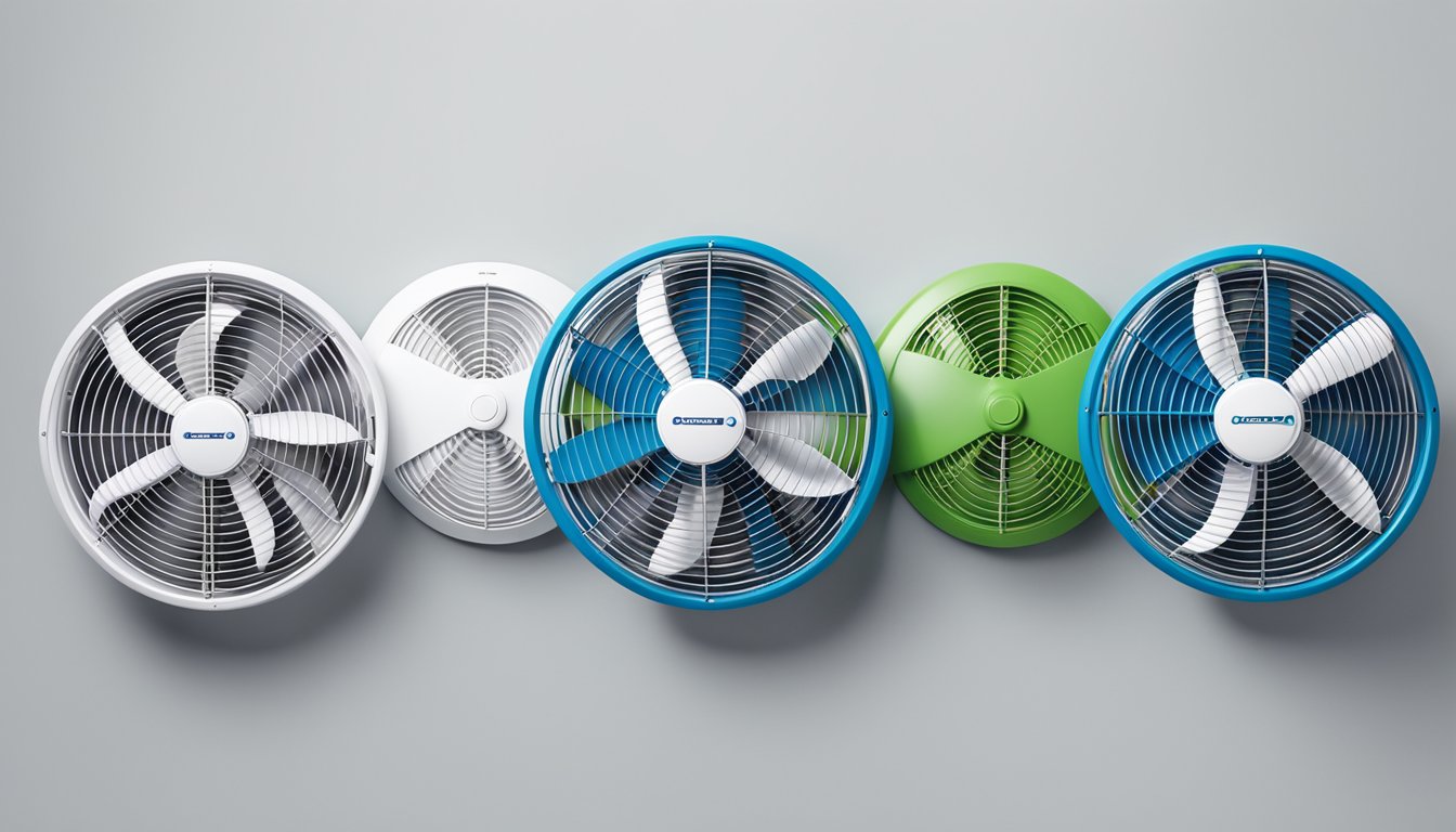 A row of top wall fan models and brands displayed on a clean, white wall. Each fan is positioned at eye level and evenly spaced apart