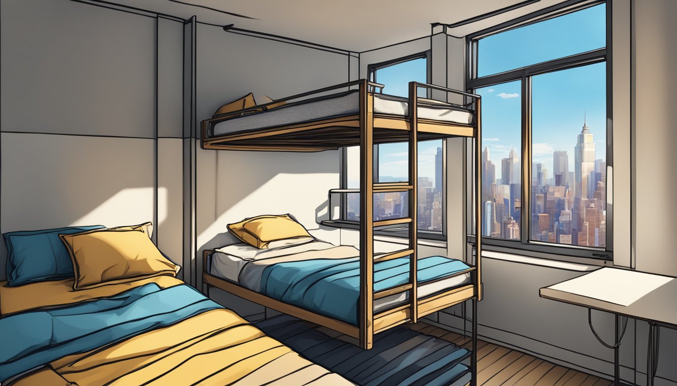 A bunk bed in a small room with a ladder, two mattresses, and a window overlooking the city skyline