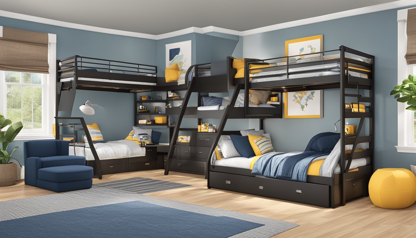 A spacious room with various bunk bed designs displayed. Different features highlighted, such as storage options, ladder styles, and safety rails