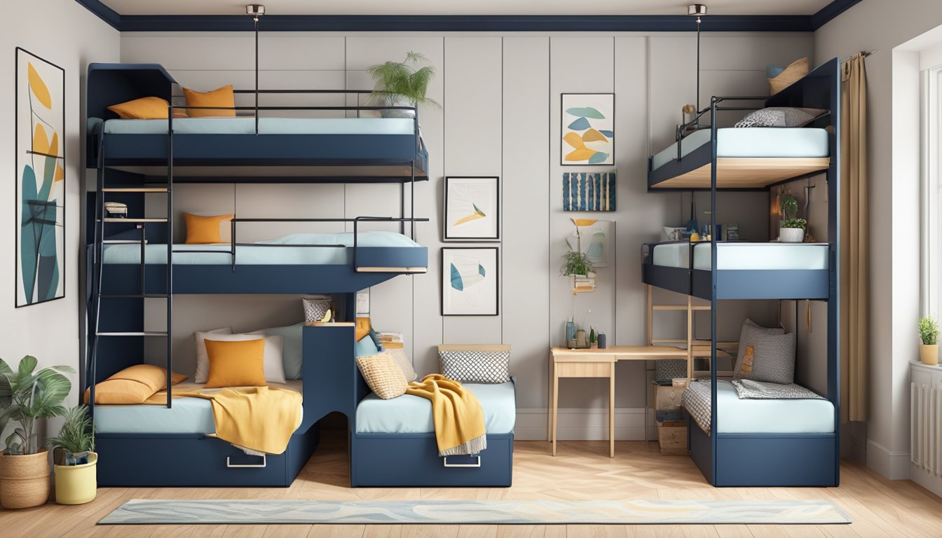 Two bunk beds neatly arranged in a small bedroom, with built-in storage compartments and a ladder for easy access to the top bunk