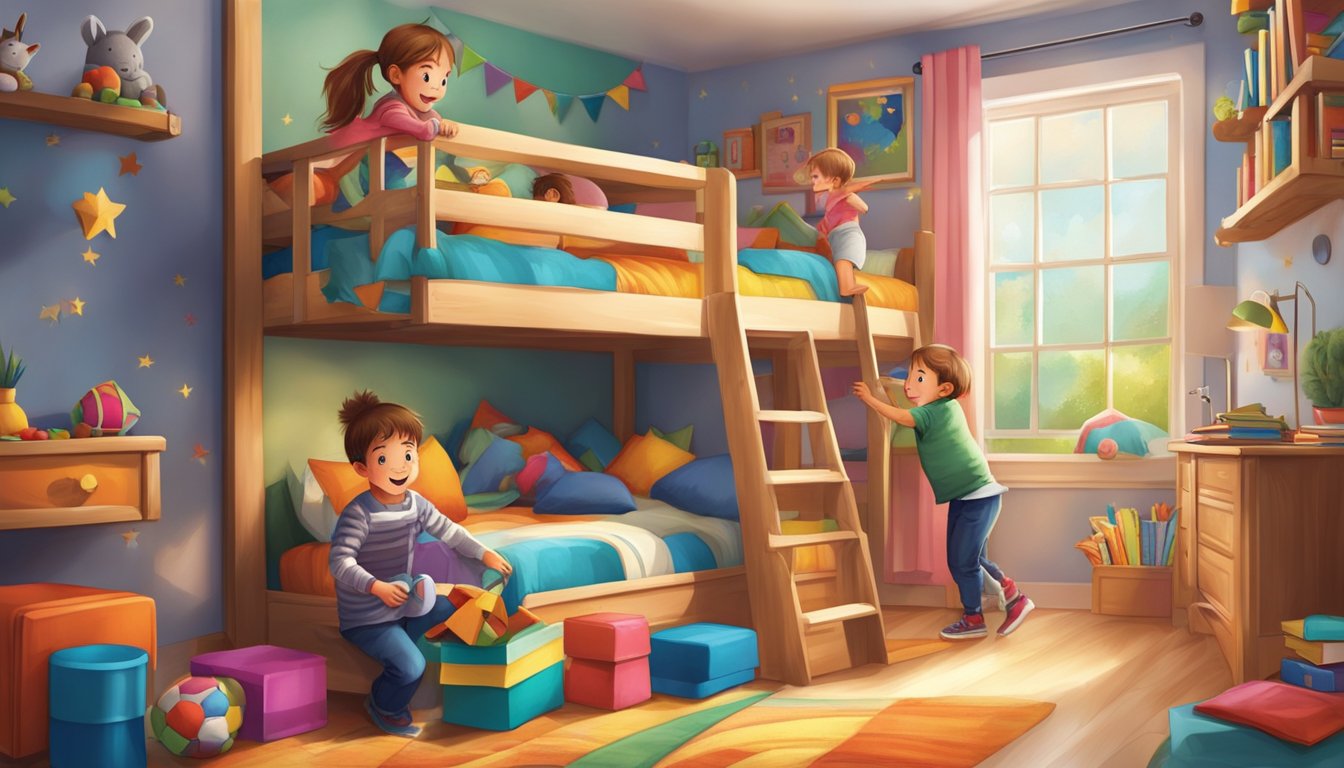 Two children happily climbing up and down a sturdy bunk bed in a cozy bedroom, surrounded by colorful toys and books