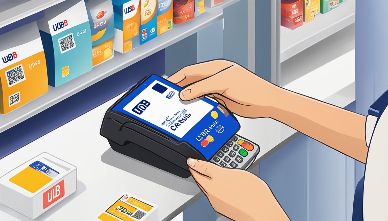 A customer swiping a UOB CashPlus card at a Singaporean store, with the UOB logo prominently displayed. The customer receives a receipt, showcasing the convenience of using UOB CashPlus for transactions