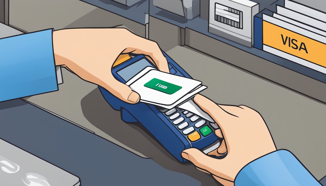 A hand holds a UOB CashPlus Visa card while making a purchase at a Singaporean store. The card is swiped or inserted into a card reader, and a transaction is completed