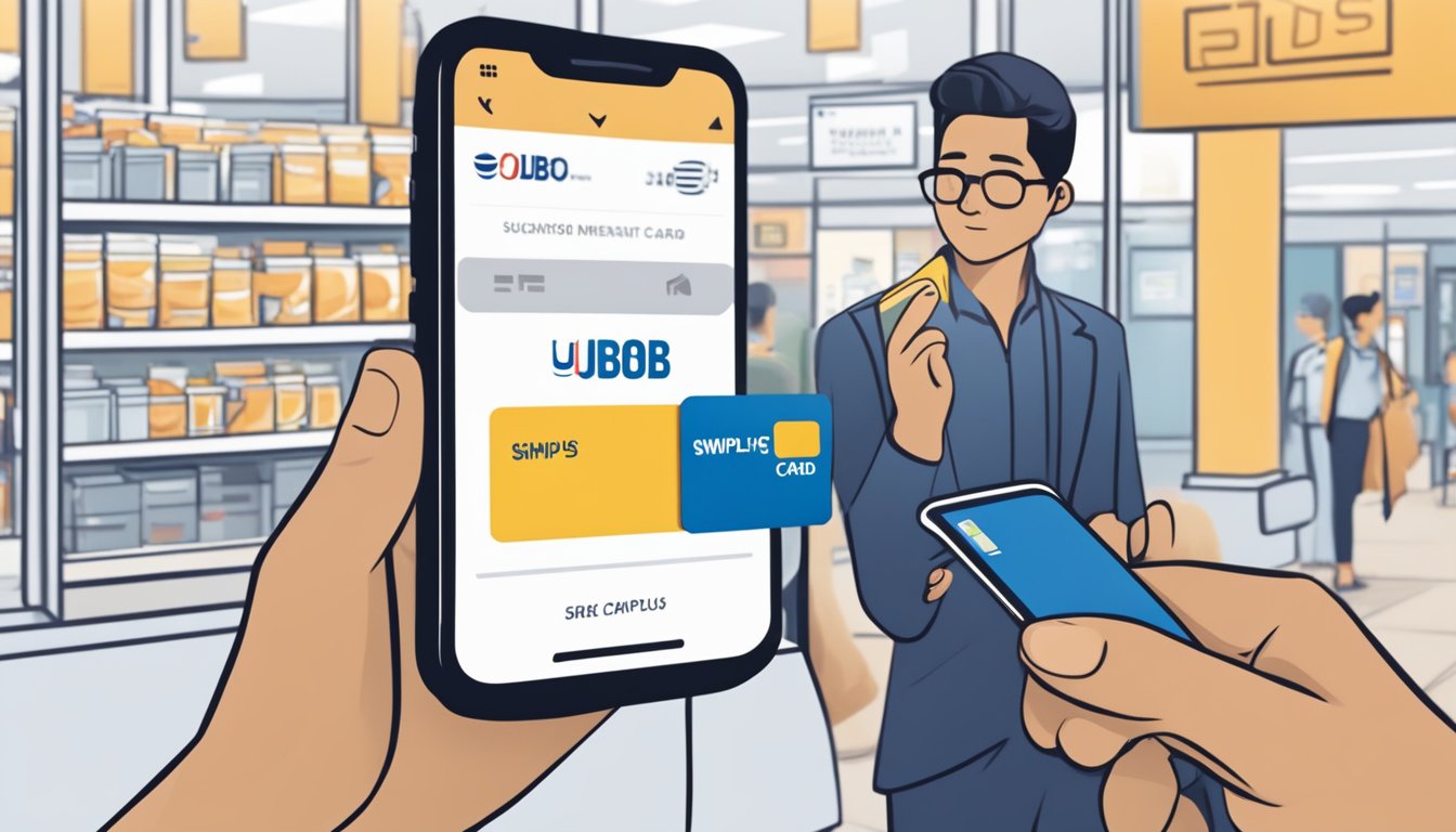 A customer swipes a UOB CashPlus card at a Singaporean merchant, while a digital transaction alert pops up on their smartphone
