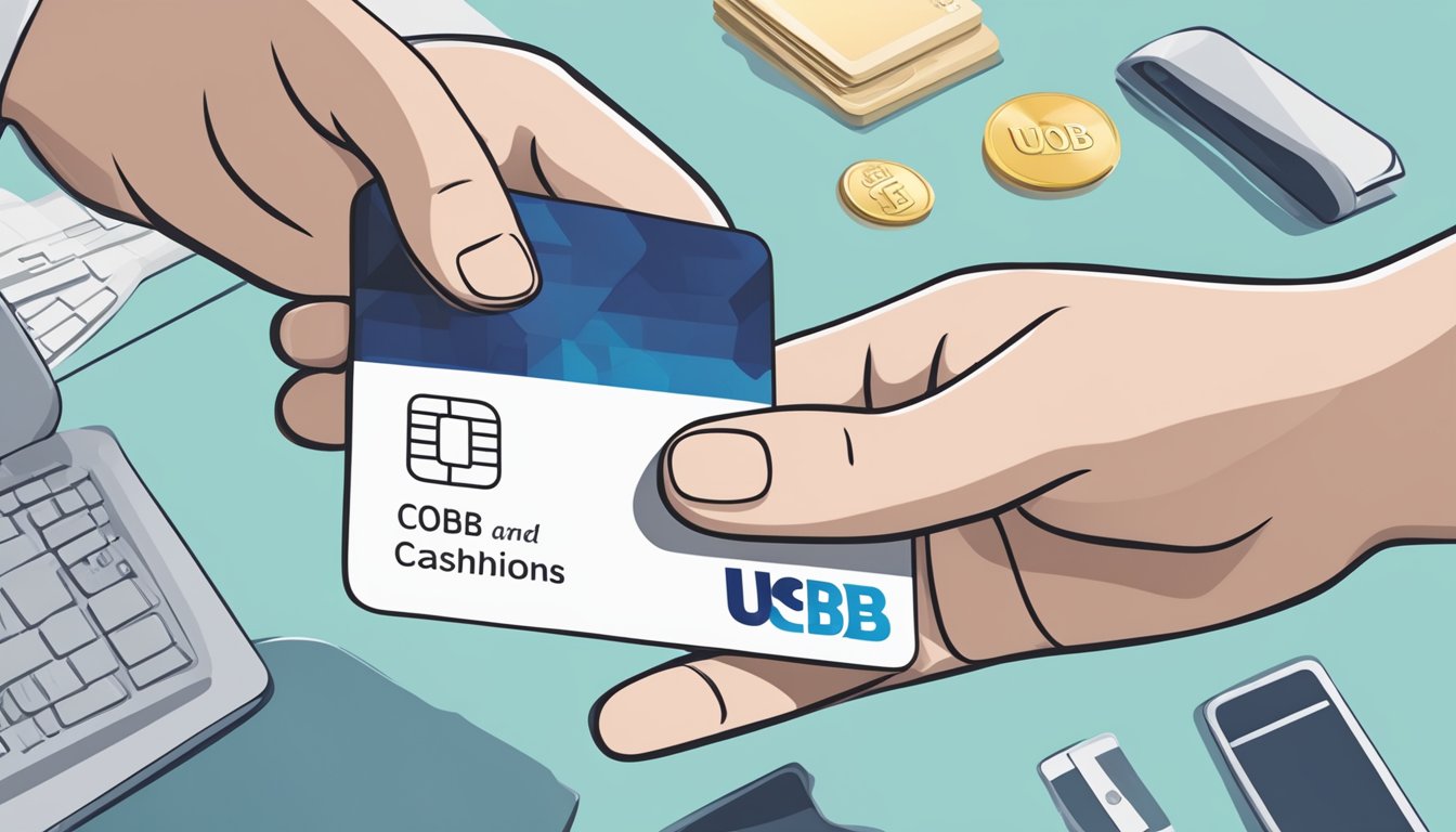 A hand holding a UOB CashPlus card, with Terms and Conditions text in the background