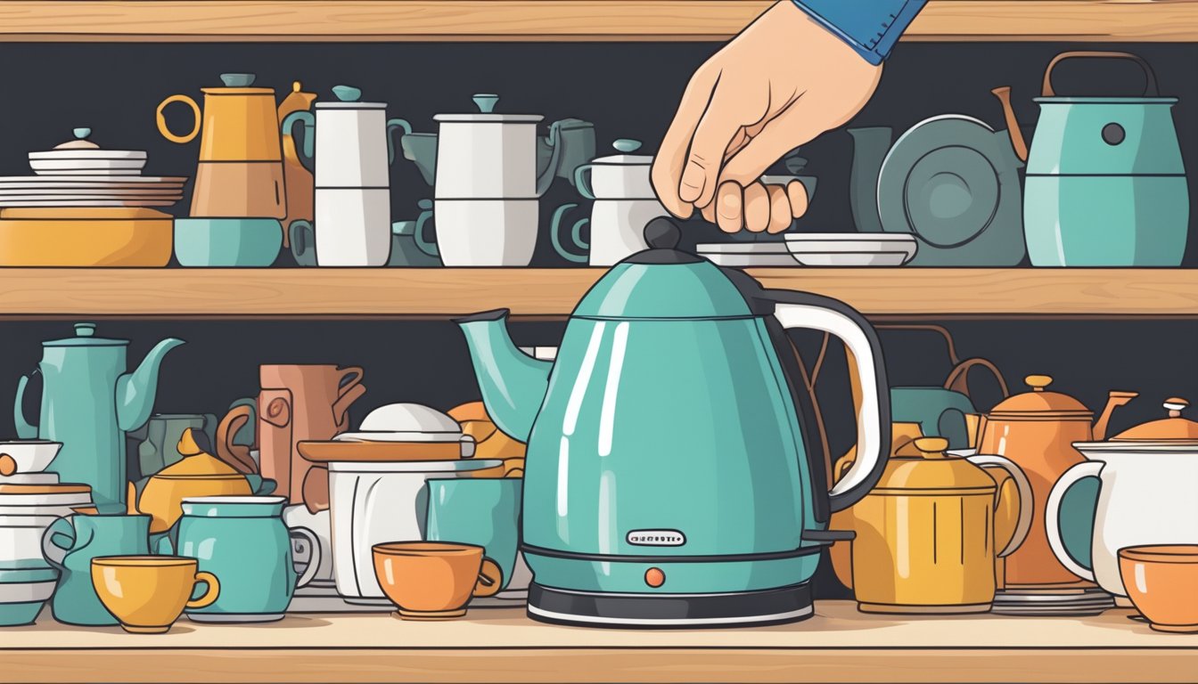 A hand reaches out to grab the perfect kettle from a shelf, surrounded by various kitchenware