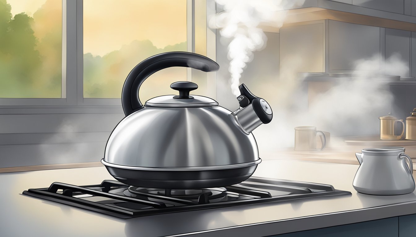 A steaming kettle sits on a stovetop, surrounded by swirling vapor and emitting a soft whistle. The handle is gripped firmly, ready to pour