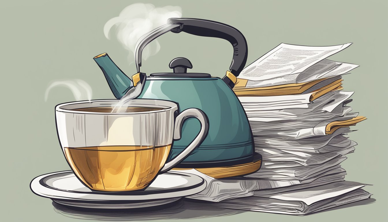 A kettle surrounded by a stack of printed "Frequently Asked Questions" papers with a steaming cup of tea next to it