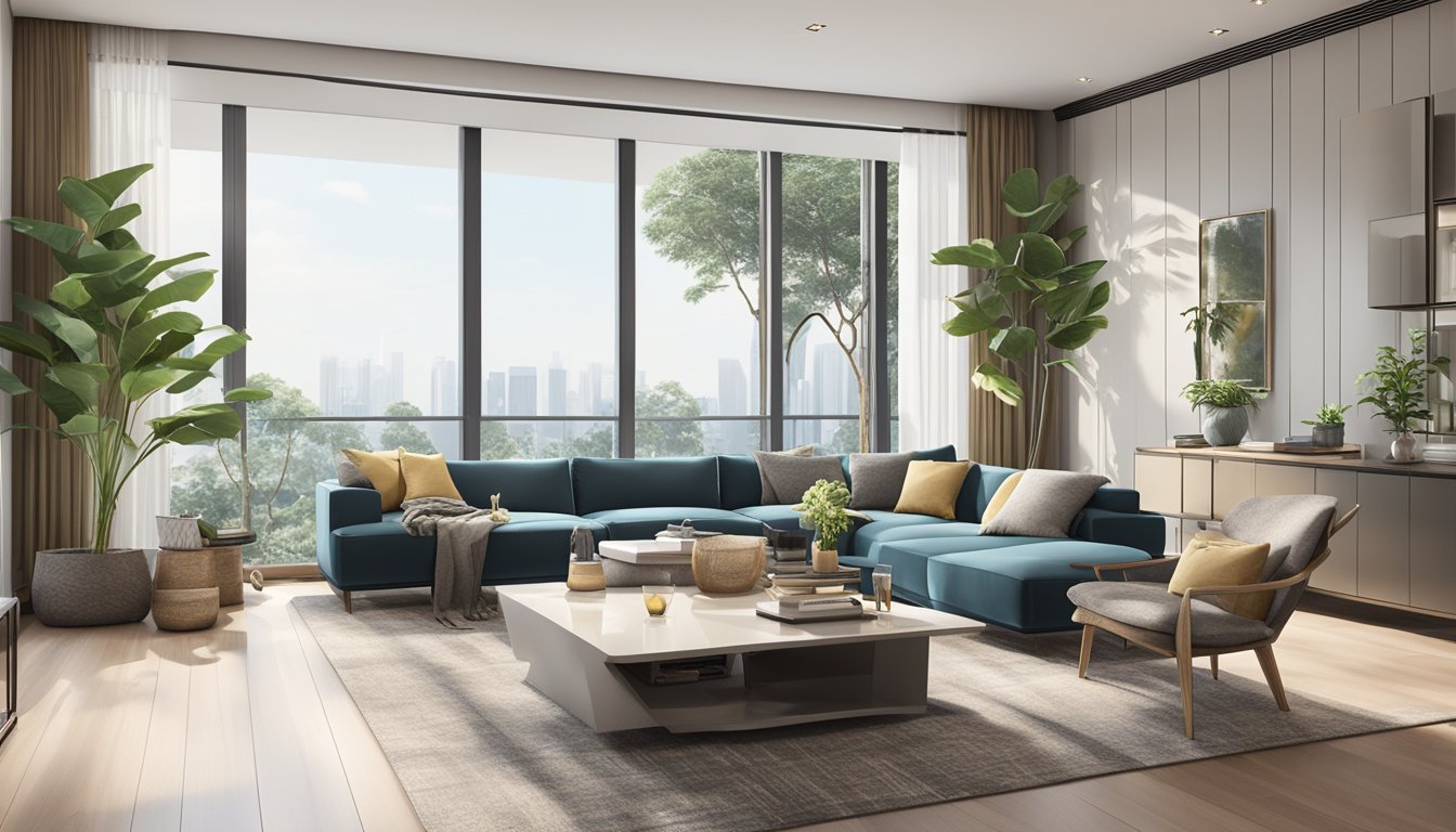 A sleek, modern coffee table in a stylish living room in Singapore. The table is adorned with a few carefully placed decor items, and the room is bathed in natural light from the large windows
