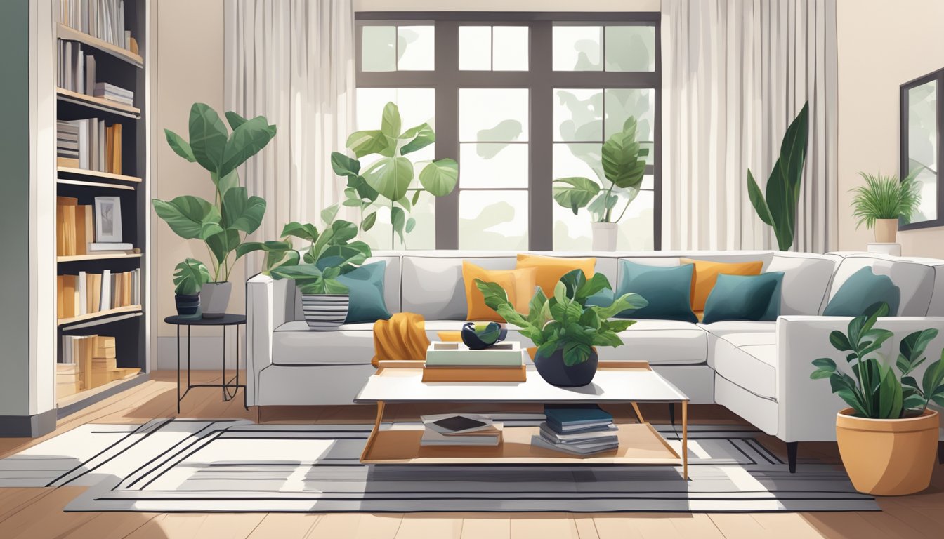 A cozy living room with a sleek, modern coffee table as the centerpiece. A stack of books, a potted plant, and a decorative tray complete the stylish setup