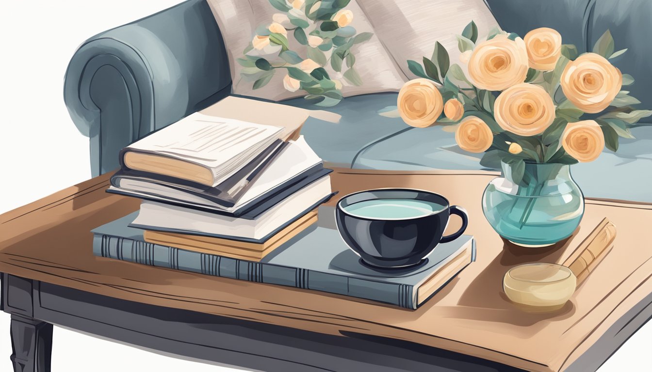 A coffee table adorned with a stack of elegant books, a vase of fresh flowers, and a sleek decorative tray with artisanal coasters and a scented candle