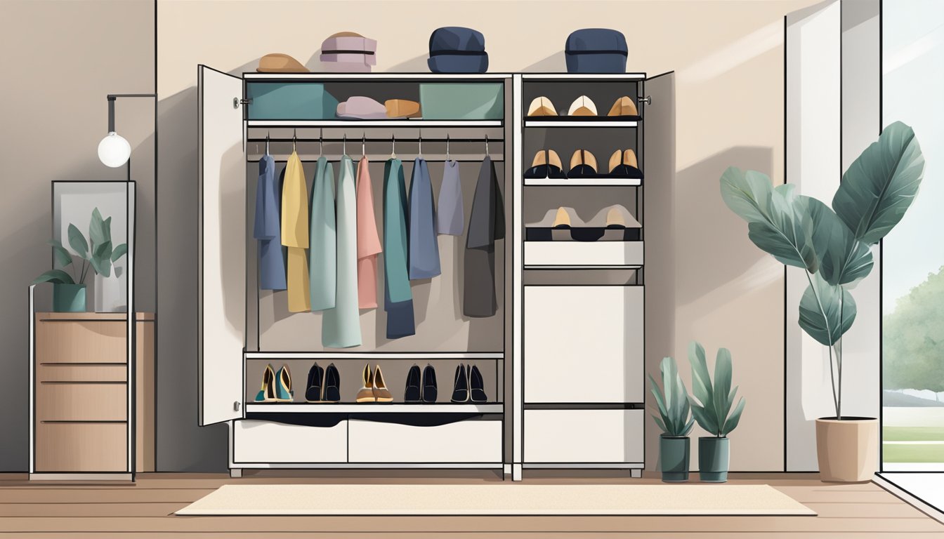 A shoe cabinet in a modern Singaporean home, neatly organized with various pairs of shoes and slippers