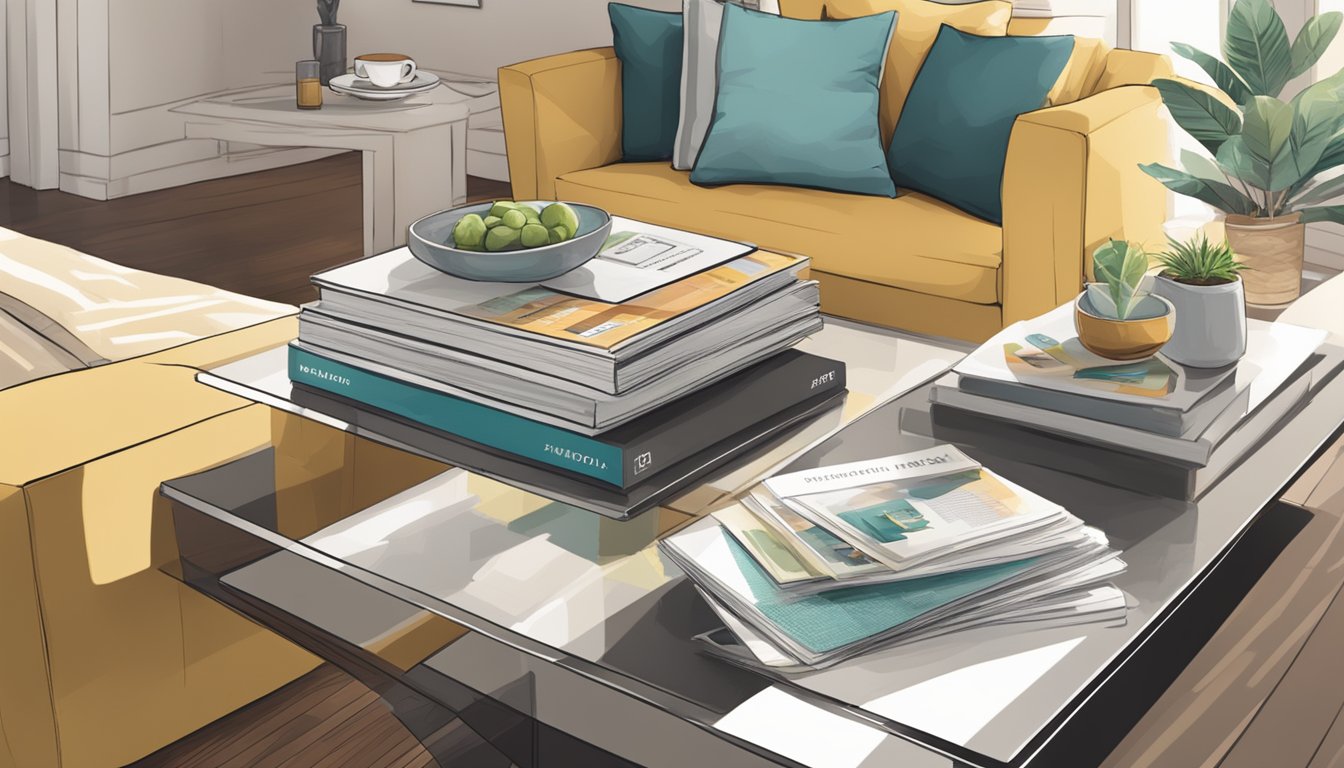A sleek, modern coffee table in a cozy living room, with a stack of neatly organized brochures labeled "Frequently Asked Questions" about Singapore