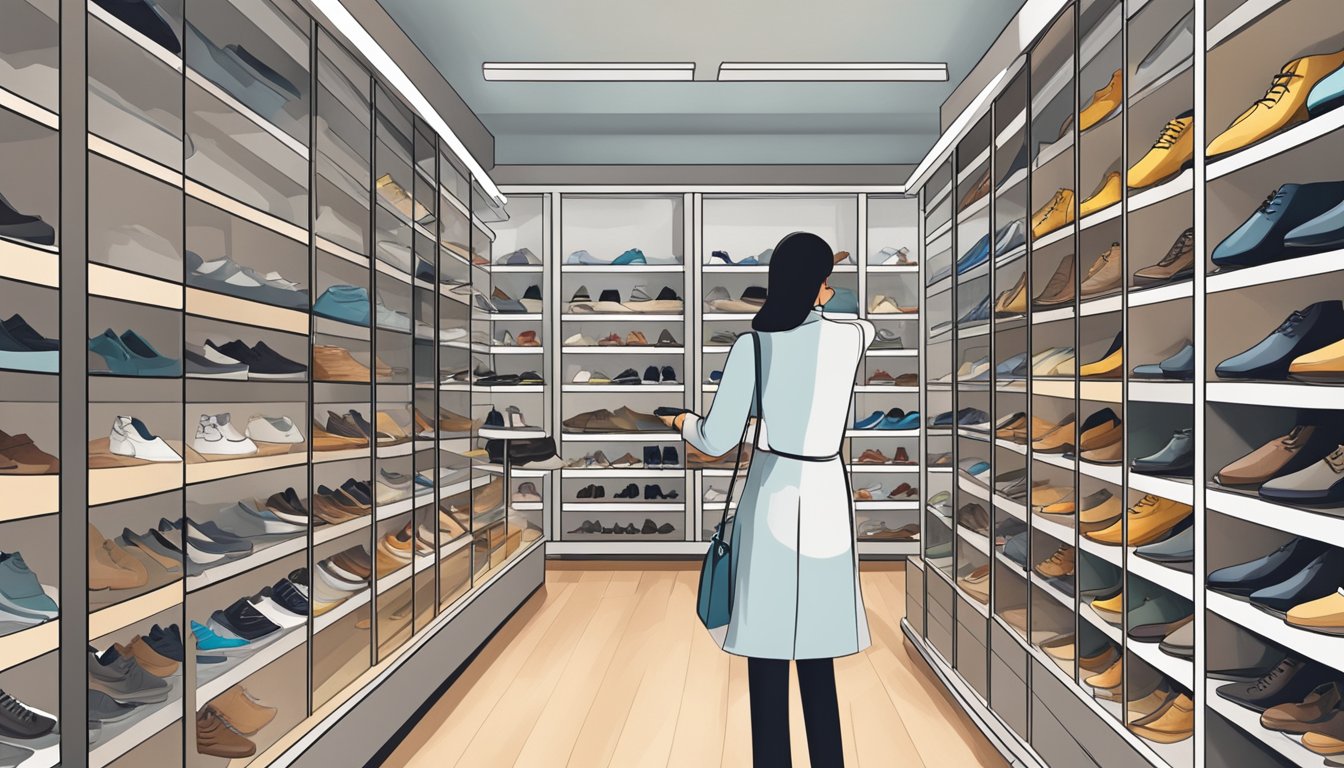 A person opens various shoe cabinets in a Singapore store, examining the different styles and designs available