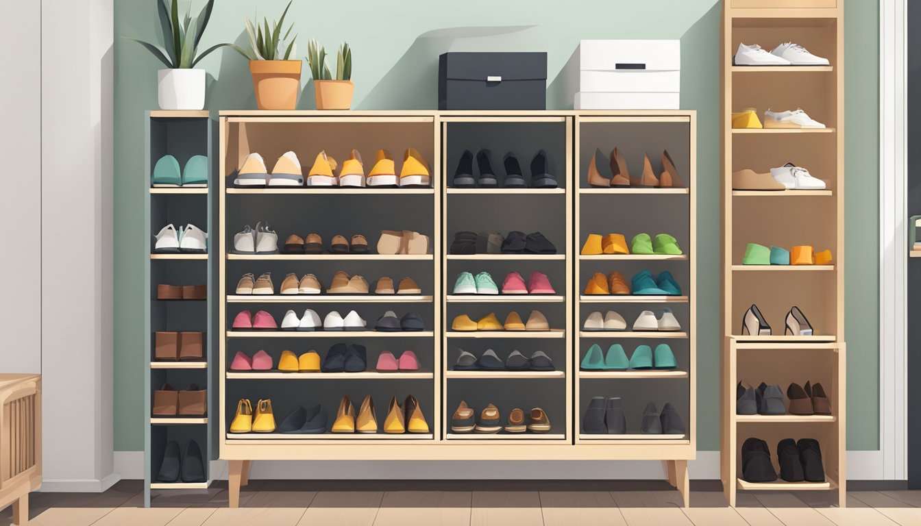 Shoe cabinet with various shoe storage accessories neatly arranged