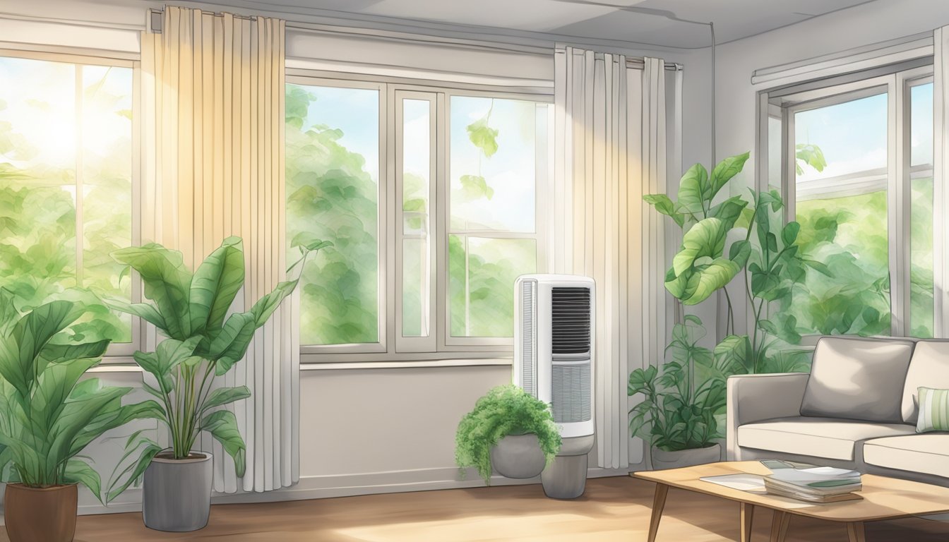 The aircon (ac) hums quietly as cool air flows from its vents, creating ripples in the curtains and causing a gentle sway in the hanging plants