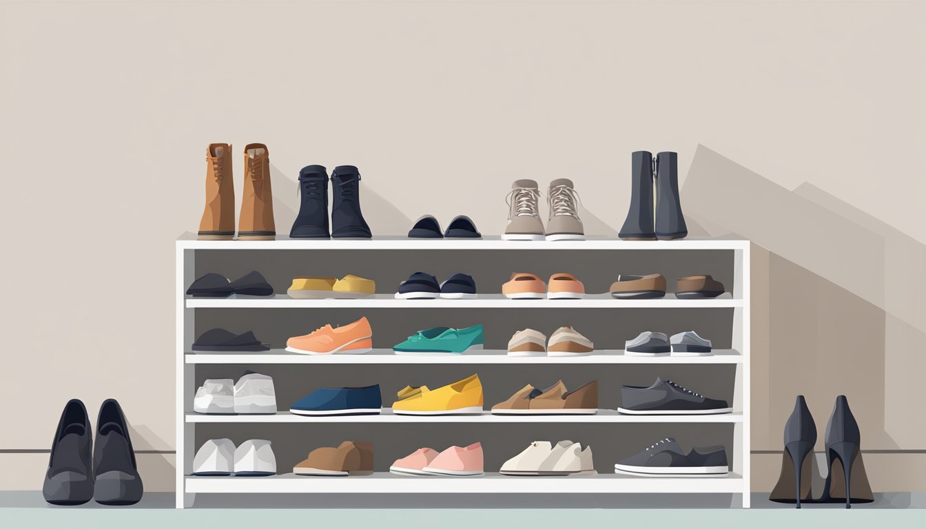 A shoe cabinet with neatly organized pairs of shoes, a sleek and modern design, placed against a clean and minimalist backdrop