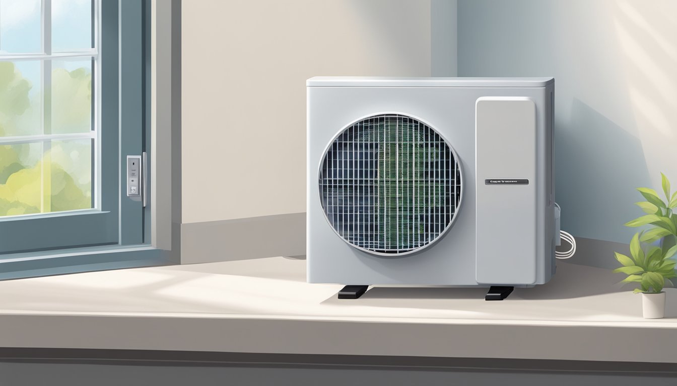 An air conditioning unit sits on a window sill, with cool air flowing out and dispersing into the room. The unit is plugged into an electrical outlet, and the temperature control is set to a comfortable level