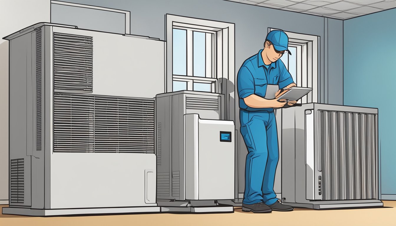 An air conditioning unit hums as cool air flows through vents, while a technician adjusts settings for optimal performance and efficiency
