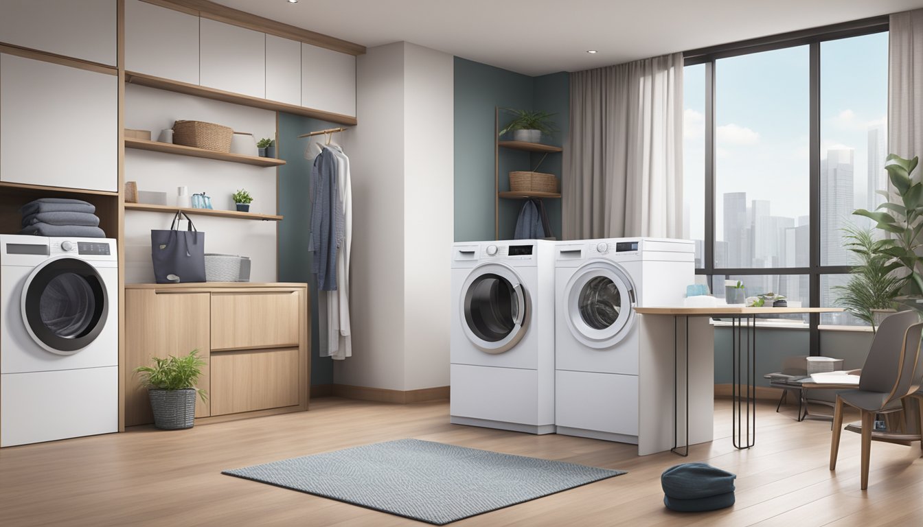 A modern washing machine in a sleek Singaporean apartment, surrounded by clean laundry and a basket of folded clothes