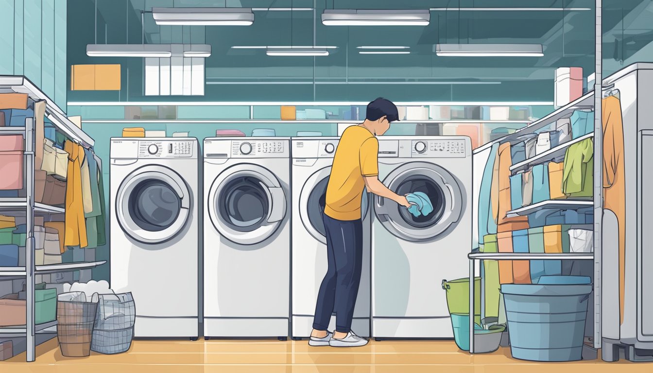 A person carefully selects a washing machine from a variety of options in a Singaporean appliance store