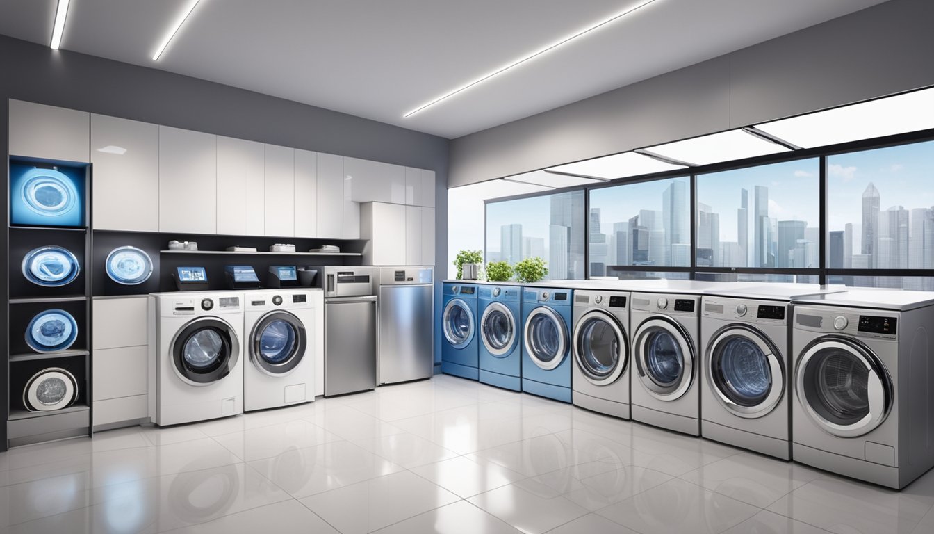 Various washing machine brands and models are displayed in a modern Singaporean appliance store. Brightly lit shelves showcase the latest technology and sleek designs