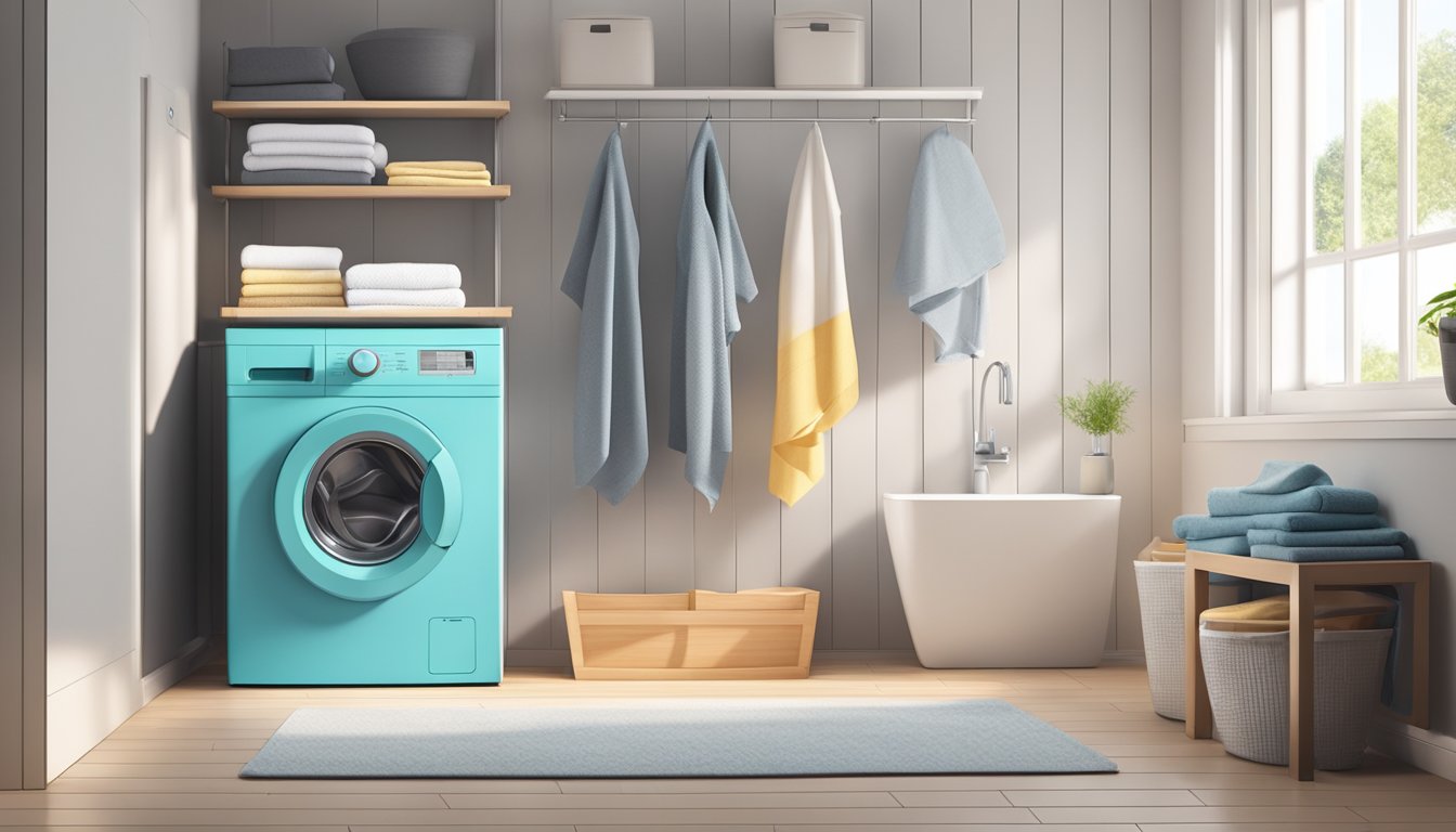 A modern washing machine in a clean and bright laundry room, with a stack of neatly folded towels nearby