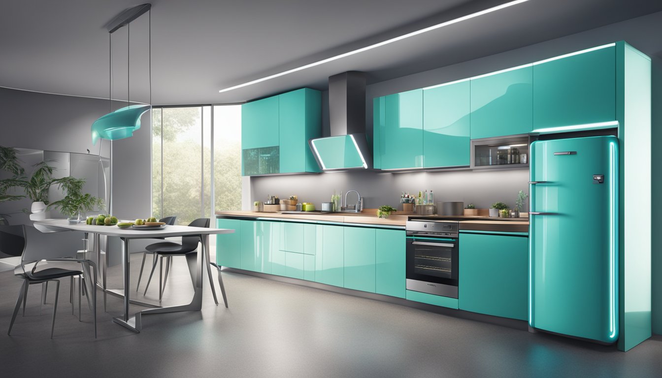 A futuristic kitchen with sleek appliances and a glowing smeg refrigerator as the focal point