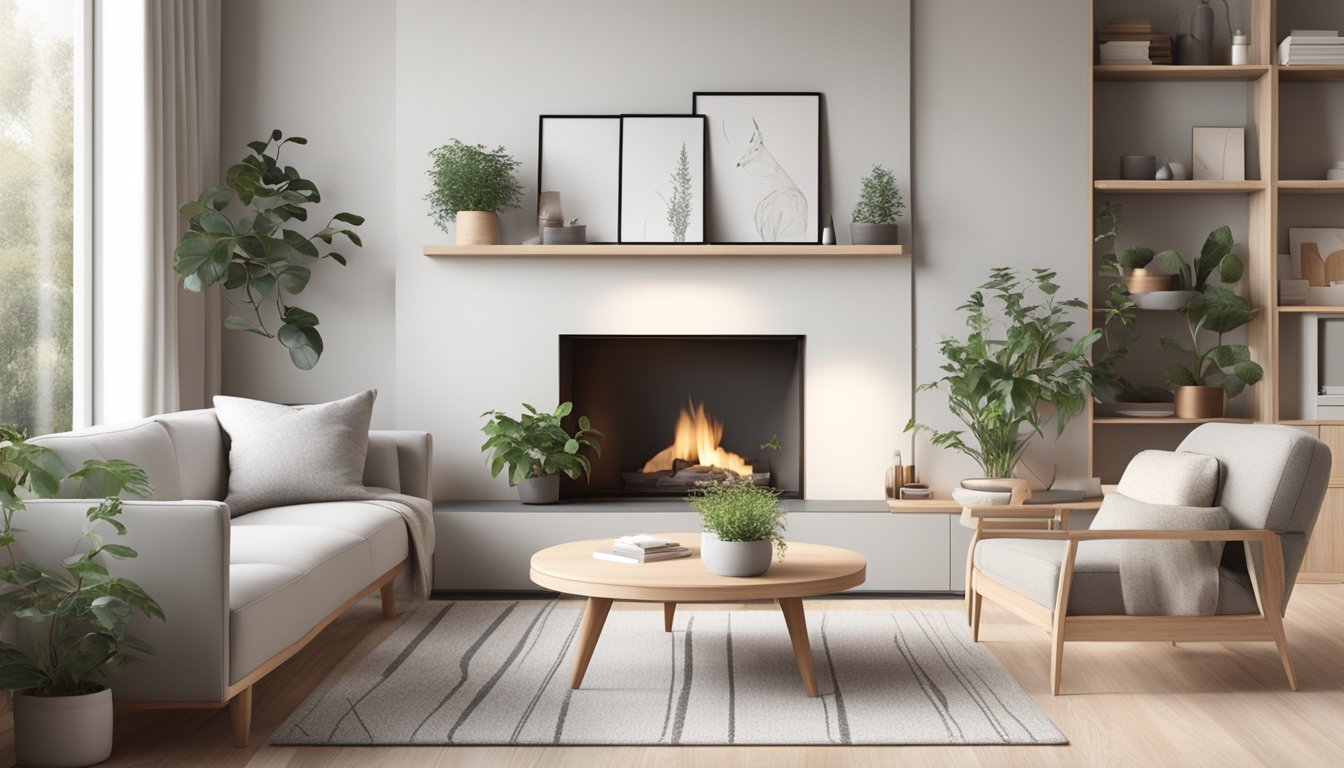 A cozy Scandinavian interior with minimalistic furniture, natural light, and neutral colors. A fireplace and a few plants add warmth to the space