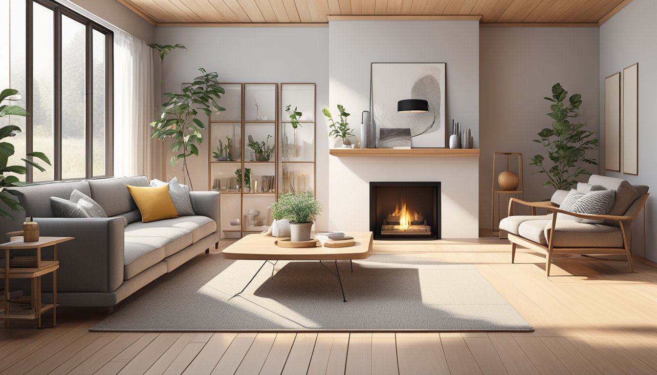 A cozy living room with minimalist furniture, natural materials, and neutral colors. A fireplace, wood floors, and large windows bring in natural light