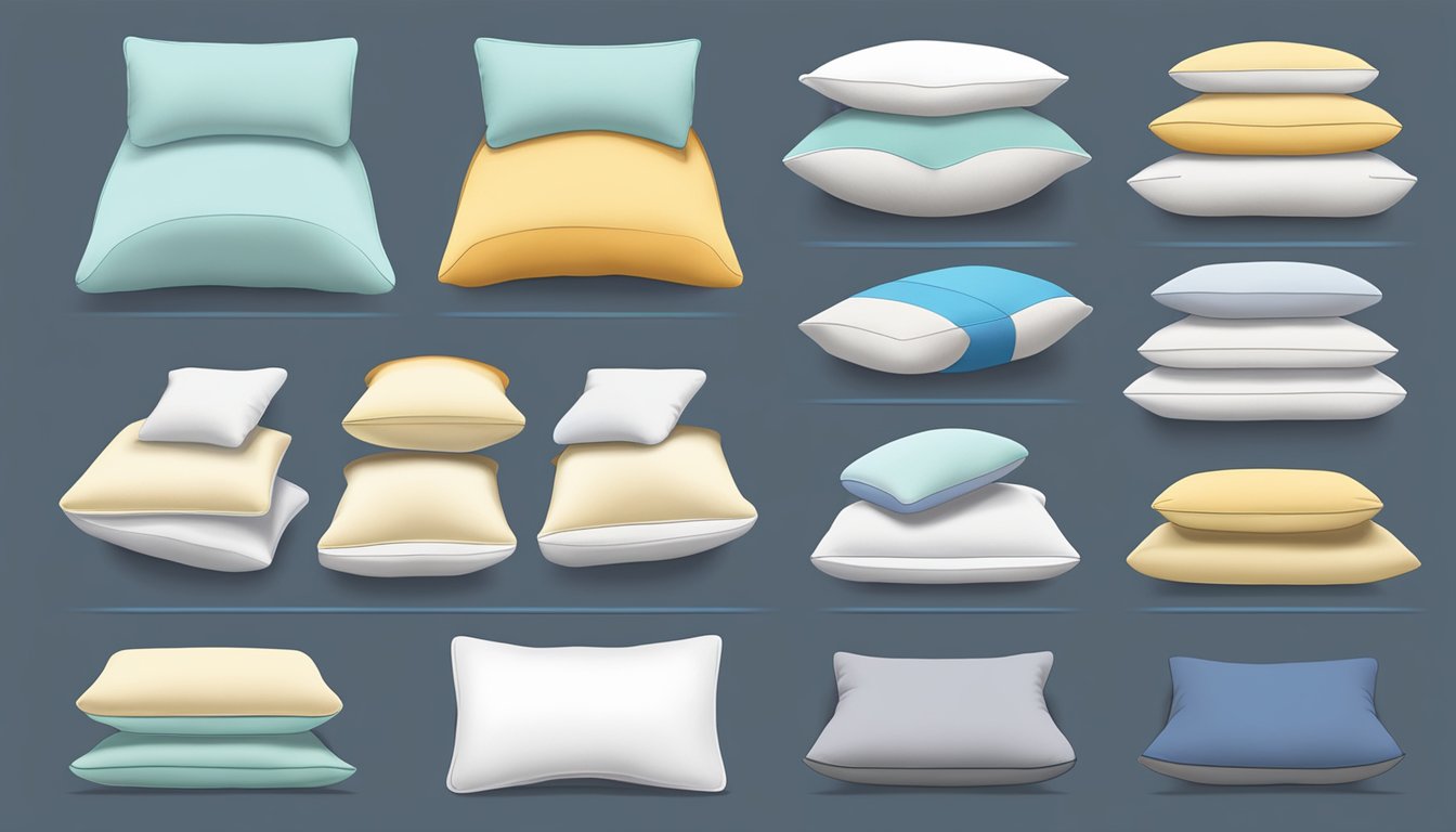 Various pillows displayed: firm for side sleepers, contoured for neck support, and adjustable for back sleepers