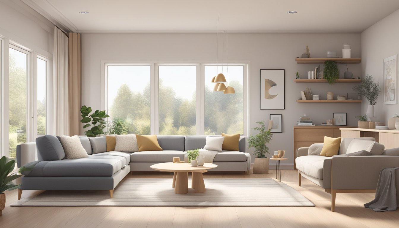 A cozy living room with minimalist furniture, natural light, and neutral colors. Clean lines and functional decor create a serene Scandinavian interior